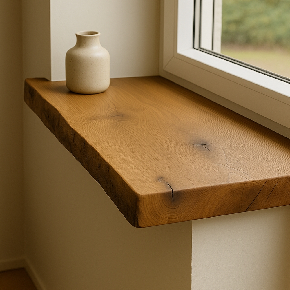 Fensterbank & Regalbrett aus Alteiche 45mm mit Baumkante – nach Maß gefertigt