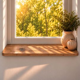 Fensterbank Japandi 25 mm aus Altholz Eiche – Runde Ecken nach Maß