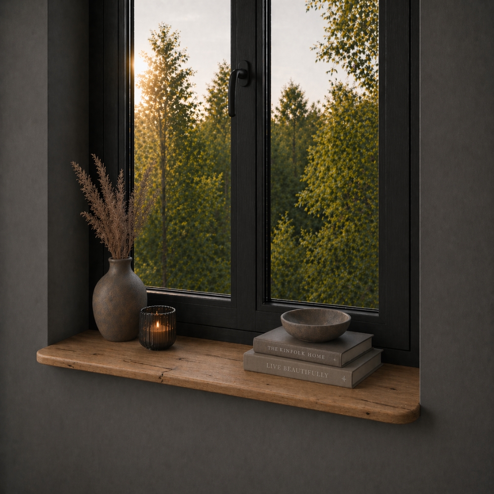 Fensterbank aus Altholz Eiche Japandi 25 mm – Runde Ecken