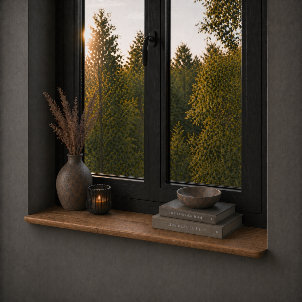 Fensterbank aus Altholz Eiche im Japandi Stil 25 mm – Schräge Facettkante & Runde Ecken