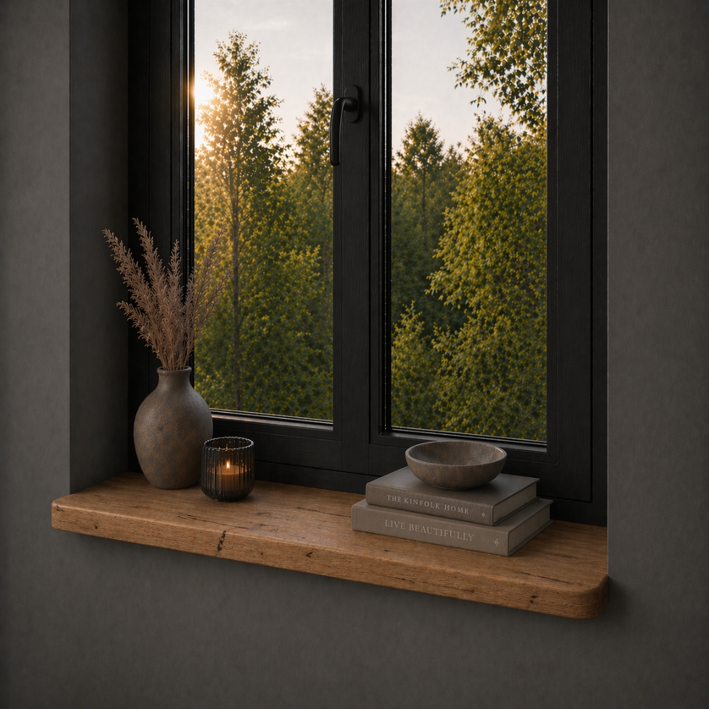 Fensterbank aus Altholz Eiche Japandi 45 mm – Runde Ecken