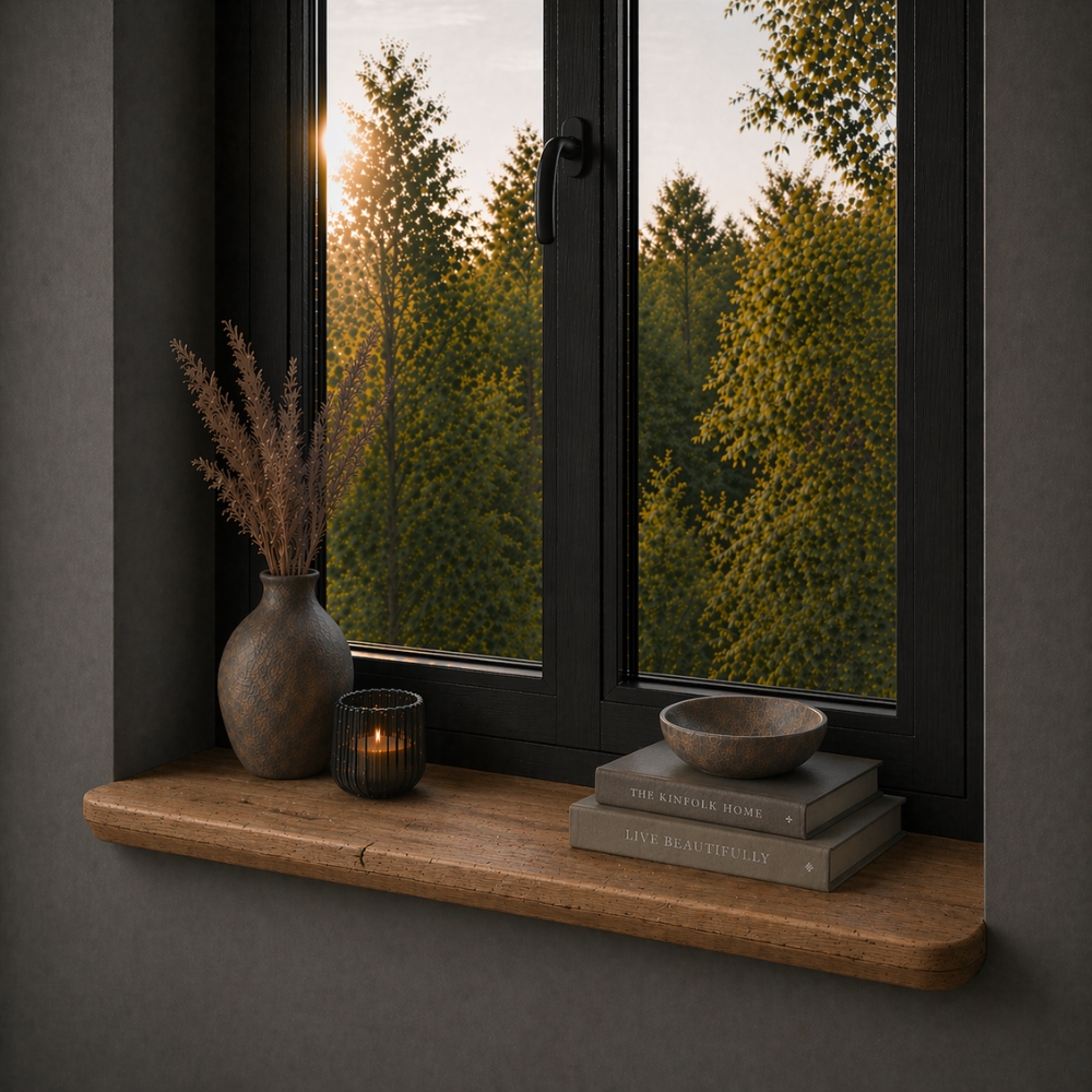 Fensterbank aus Altholz Eiche im Japandi Stil 45 mm – Schräge Facettkante & Runde Ecken