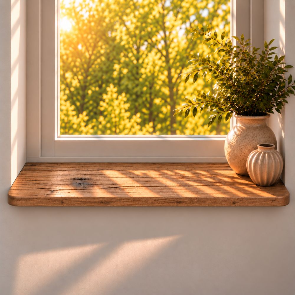 Fensterbank Japandi 25 mm aus Altholz Eiche – Runde Ecken nach Maß
